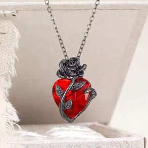 18K Black Gold (Black Rhodium) Rose & Heart Zircon Entwined Pendant Necklace